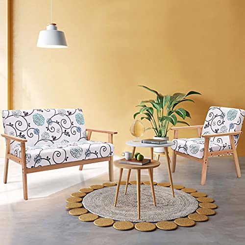 POWERSTONE Love Seats Furniture Bedroom Couches for Small Spaces Wooden Sofa Floral Settee Bench Linen Fabric Upholstered Dining Bench with Back Accent Chair White