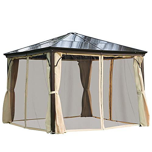 Outsunny 10' x 10' Aluminum Frame Patio Gazebo Canopy with Polycarbonate Hardtop Roof, Mesh Net Curtains, & Durability