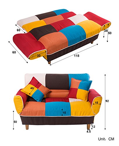 Merax Contemporary Multicolor Loveseat Adjustable Split Back Futon Upholstered Foldable Sofa Couch Sleeper with 2 Free Pillows, Cotton Linen Fabric Colorful