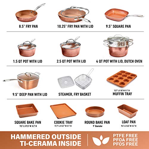 Gotham Steel Hammered Copper Collection – 20 Piece Premium Cookware & Bakeware Set with Nonstick Copper Coating, Includes Skillets, Stock Pots, Deep Square Fry Basket, Cookie Sheet and Baking Pans