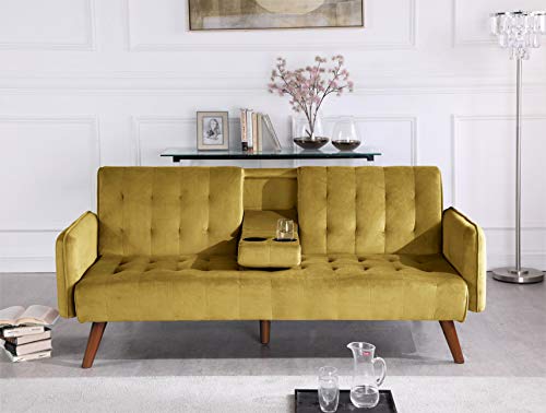 US Pride Furniture Classical Style Soft Round Arm 72’’ Wide Golden Yellow Velvet Tufted Twin Size Convertible Sofa Bed with Solid Wooden Legs & High Density Foam (SB9070-9076) Sofabed