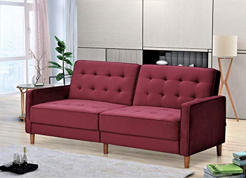 US Pride Furniture Classical Style Soft Square Arm 80’’ Wide Burgundy Velvet Tufted Twin Size Convertible Sofa Bed with Solid Wooden Legs & High Density Foam (SB9074-9080) Sofabed