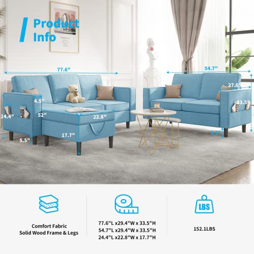 Mjkone Convertible Sectional Sofa Couch with Storage Ottoman, 3 Pcs Couch Set with Storage Pockets, Sectional Couches for Living Room, 3-Seater + Ottoman + 1-Loveseat (Light Blue)