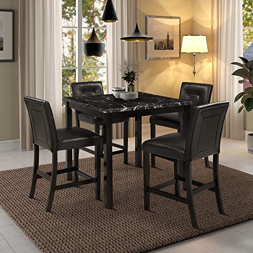 Harper & Bright Designs 5-Piece Kitchen Table Set Faux Marble Top Counter Height Dining Table Set with 4 Black Leather-Upholstered Chairs, Black (35