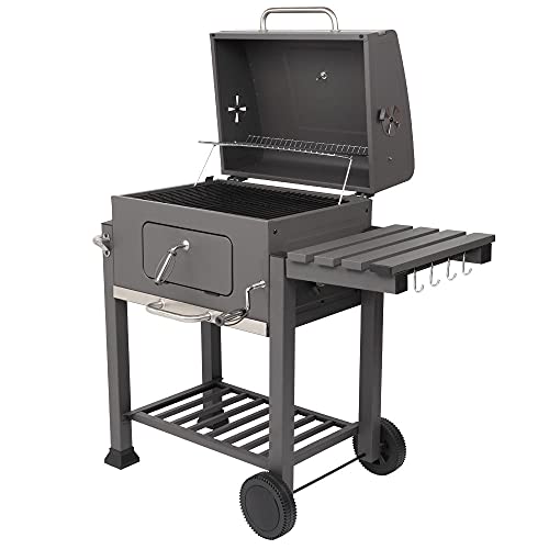 Charcoal Grill, with Plastic Wheel, Square Oven, Stainless Steel Camping Grill, Built-in Thermometer, Removable Ash Pan, for Parties, Camping Barbecue