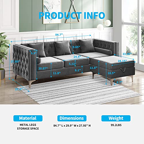 Mjkone Sectional Sofa with Chaise Lounge, Couches for Living Room, L-Shaped Couch with Storage Ottoman, Sectional Couch for Small Living Room, Apartment and Small Space, Velvet Grey