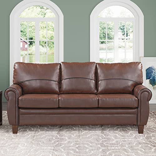 Luxury Faux Leather Sofa, Yoglad Scroll Arms Couch with Cushion Back, Futon with Wooden Legs, Contemporary Settee, Furniture for Living Room, Apartment, Reception (3 Seat Settee, Dark Brown)