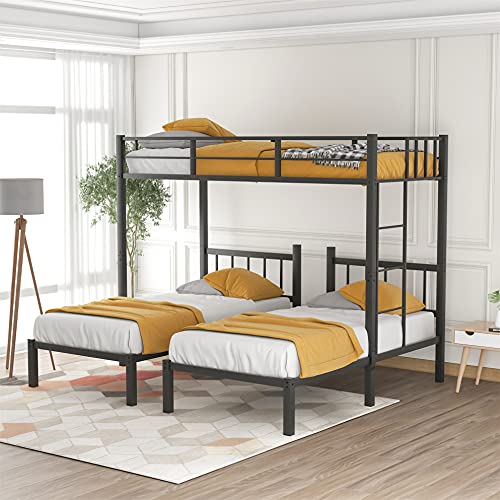 Metal Triple Bunk Beds with Guardrails ,Twin Over Twin & Twin Bunk Bed, 3 Bed Bunk Beds for Kids, Teens, Adults ,Can be Separated into 3 Twin Beds , Black