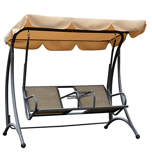 Outsunny 2-Person Outdoor Swing for Patio Swing Bench with Adjustable Tilt Canopy, Cup Holder and Storage Tray, Steel Frame, Brown