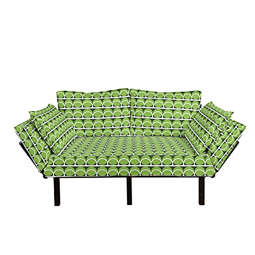 Lunarable Retro Futon Couch, Nostalgic Mid Century Style Modern Curves Abstracted Pattern, Daybed with Metal Frame Upholstered Sofa for Living Dorm, Loveseat, Fern Green Lime Green