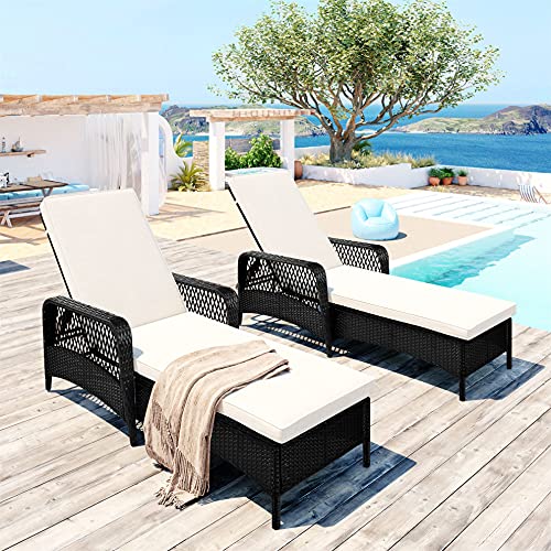 Outdoor PE Wicker Chaise Lounge Chair, Patio Rattan Chair Sun Lounger with Armrest, Adjustable Backrest, Beige Cushion, Black Wicker (2 Sets)