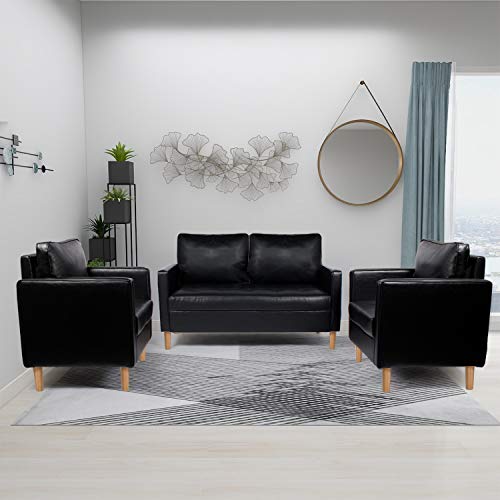 AILEEKISS Mid-Century Sectional Sofa Set Faux Leather Office 3 Pcs Couch Set with Armrest Modern Upholstered Loveseat Couches (1-Seater+1-Seater+2-Seater, Black)