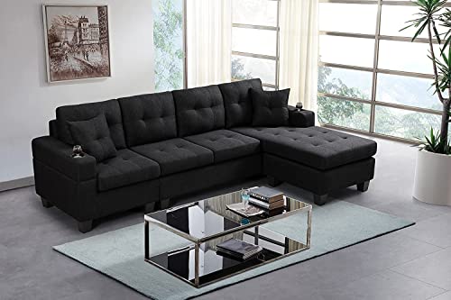 GAOJUCHUANG Sectional Sofa with Reversible Left/Right Chaise Lounge and 2 Cup Holders, 4-Seat L-Shaped Couch for Home Apartment Living Room Compact Space Furniture, Gray