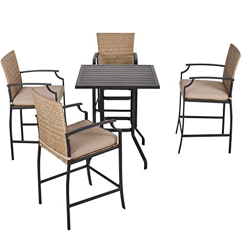Outsunny 5-Piece Rattan Bar Table and 4 Chairs with Padded Cushions, Mixed Brown