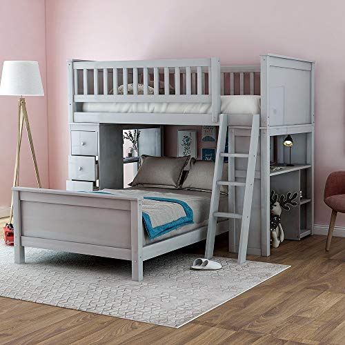 Twin Over Twin Loft Bunk Beds with Chest and Desk, Low Profile Kids Bunk Beds,No Box Spring Required, Wood, Gray
