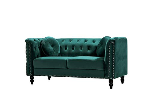 US Pride Furniture High Density Foam 64.17'' Wide Emerald Green Velvet Rolled Arm Chesterfield Living Room Loveseat with Removable Cushion & Solid Wood Legs (S5608-5613) Sofas