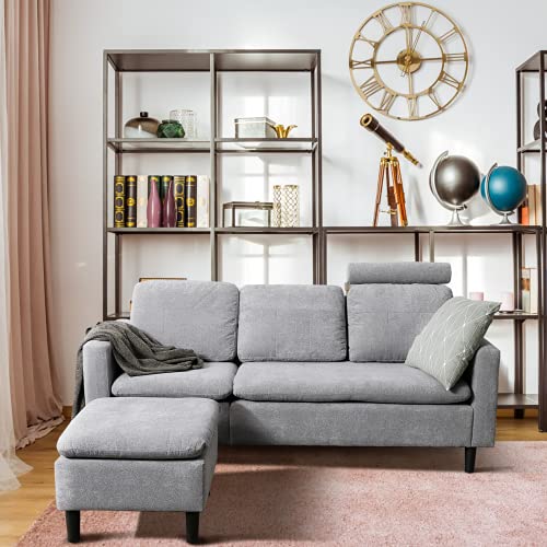 HiTik Convertible Sectional Sofa Couch with Reversible Chaise, L-Shaped 3-Seat Sofa Couch with Removable Headrest Pillow, Cotton Fabric, Sofas Couches for Living Room, Apartment and Small Space