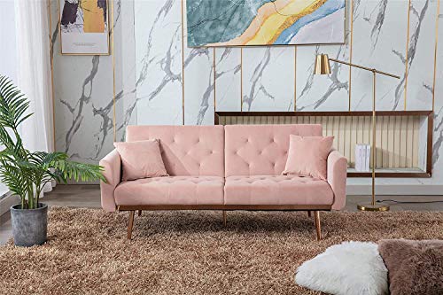 Mid Century Modern Velvet Fabric Couch Convertible Futon Sofa Bed Recliner Couch Accent Sofa Loveseat Sofa with Gold Metal Feet (59 Pink)