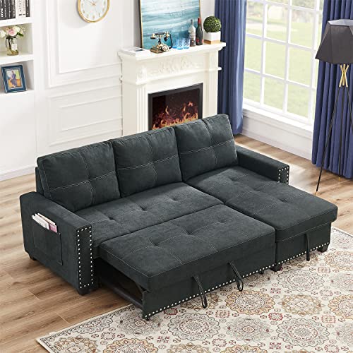85'' Reversible Sleeper Sectional Sofa Couch with Pull-Out Sleeper, L-Shape 3-Seater Convertible Corner Couch Sofa Bed with Storage Chaise for Living Room Furniture Set (Black)