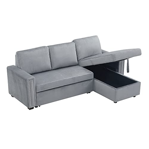 P PURLOVE Convertible Sectional Sofa, Modern Sleeper Sofa Bed, 3-Seater L-Shape Corner Couch, Pull Out Sleeper Sofa Bed with Pulley, with Storage Chaise, for Living Room Furniture Set, Gray