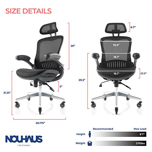NOUHAUS ErgoFlip Mesh Computer Chair - Black Rolling Desk Chair with Retractable Armrest and Blade Wheels Ergonomic Office Chair, Gaming Chairs, Executive Swivel Chair/High Spec Base