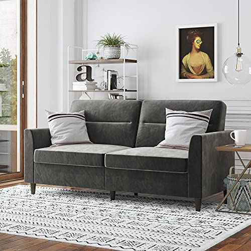 Novogratz Concord Sofa, Small Space Living Room 3 Seater, Pocket Coil Cushions, Gray Velvet