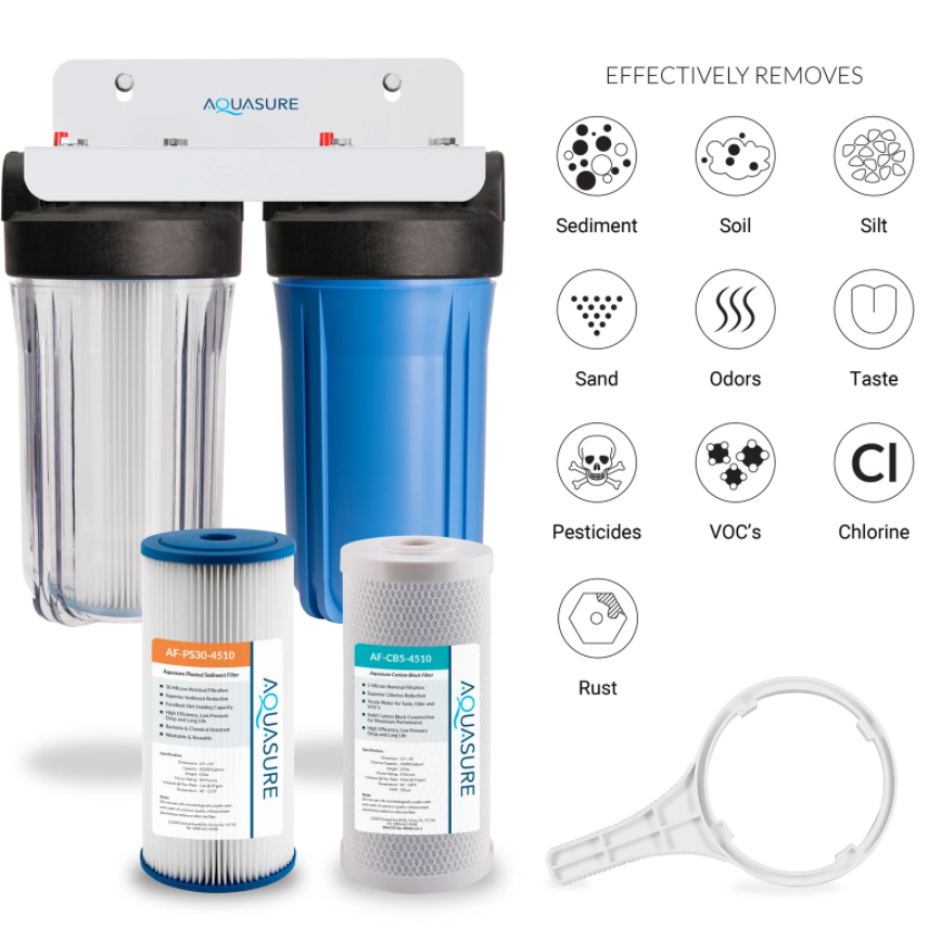 Aquasure AS-F210PSCB Fortitude V Series 10 Inch 2 Stage Whole House Water Filter With Sediment And Carbon New