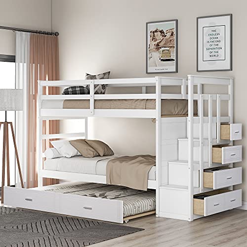 Merax Twin Over Twin Trundle Bunk Bed with 4 Storage Drawers and Staircase (White)