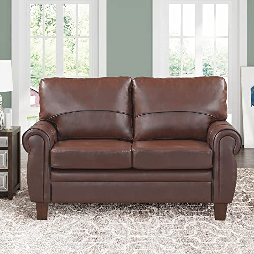 Mid Century Faux Leather Sofa with Scrolled Arm, DEINPPA Sofa Furniture Sets with Upholstered Couch Living Room Furniture Sets for Home or Office (Dark Brown + 2Seat)