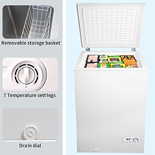 ZCZZ 3.5 cu.ft Chest Freezer Removable Storage Basket, Top Open Door Freezing Machine for Home and Kitchen/Dorm/Bar/Office, 7 Temperature Settings