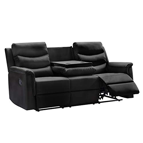 Pannow Double Recliner Loveseat with Console Slate, Double Reclining Sofa with Cup Holder, 3-Seater with Flipped Middle BACKREST Black PU, Theater Seating Furniture Sofa Bed, Black PU