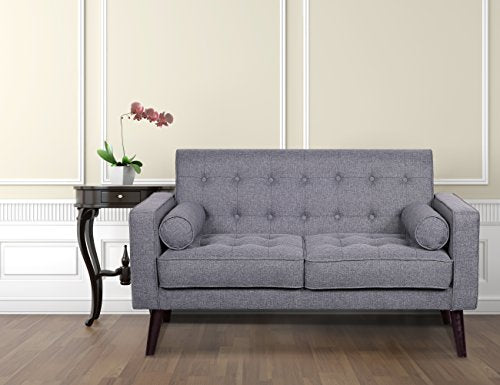 Container Furniture Direct Valadez Linen Upholstered Tufted Mid-Century Modern Loveseat with Bolsters, Light Grey