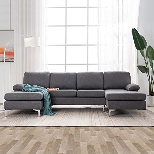 MELLCOM Modern U-Shape Sectional Sofa, Soft Linen Fabric Sectional Couch, Double Wide Chaise Lounge Couch with Modern Metal Feet for Apartment Living Room, Gray
