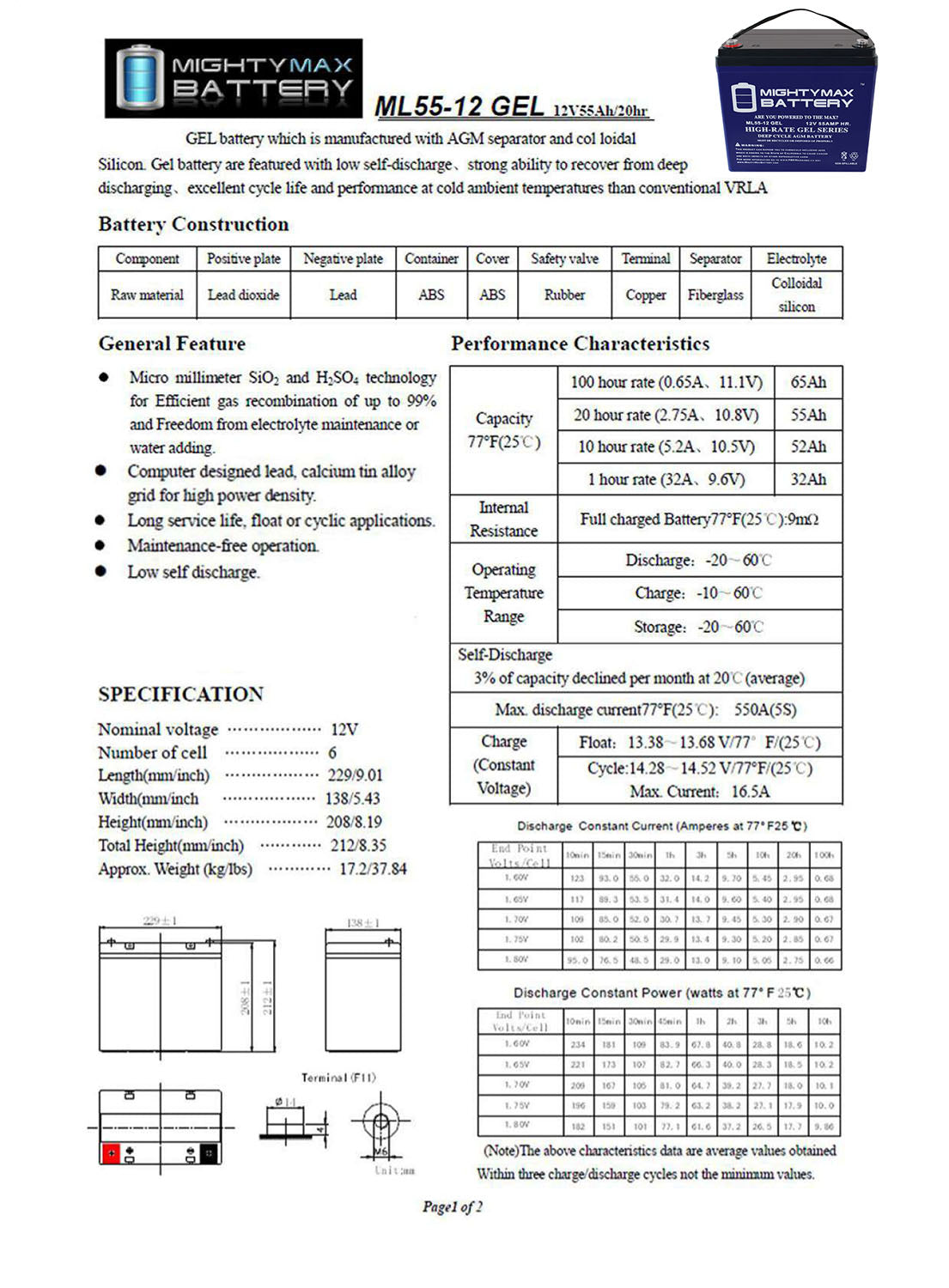 Mighty Max Battery 12V 55 Ah Sealed Gel Battery