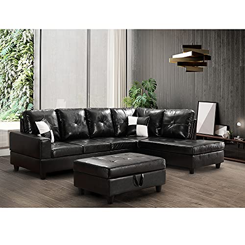 Longrune PU Sectional Couch L-Shaped Sofa Sets for Living Room with Right Chaise & Ottoman & 2 Pillows, Black