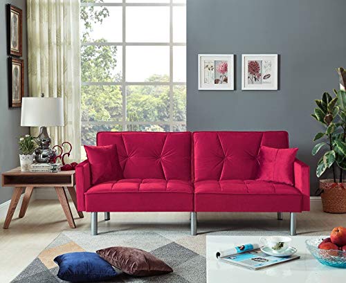 Legend Furniture Velvet Sofa Bed Sleeper with Pillow Sofabed, Small Parcel, Red
