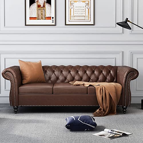 PHOYAL Modern 3 Seater Couch, Large Sofa Furniture, Roll Arm Classic Tufted Chesterfield Settee Leather Sofa with Channel Tufted Seat Back for Living Room, Dark Brown PU