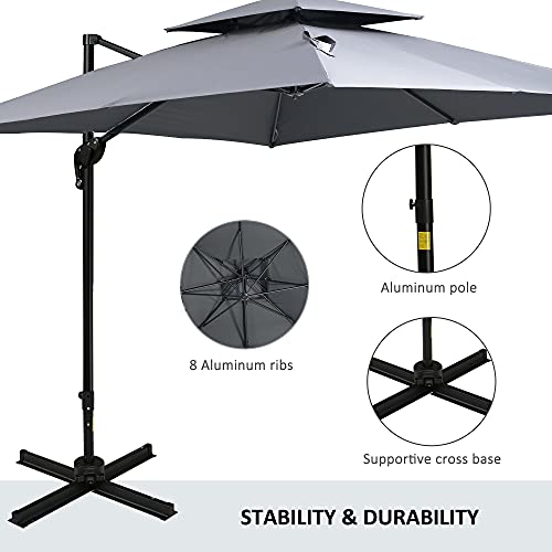 Outsunny 10' 2-Tier Canopy Cantilever Patio Umbrella with Rotating Base & 5-Position Tilt, Grey
