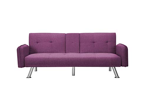 K.Nice 74' Polyester Fabric Sofa Bed Modern Couch with 2 Cup Holders Sleeper Reversible Loveseat 3 Adjustable Angles and Removable Armrests Convertible Daybed (Purple) (RE003)