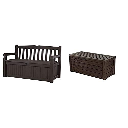 Keter Eden 70 Gallon Storage Bench Deck Box for Patio Furniture, Front Porch Decor and Outdoor Seating,Brown/Brown & Westwood 150 Gallon Resin Large Deck Box-Organization and Storage, Brown