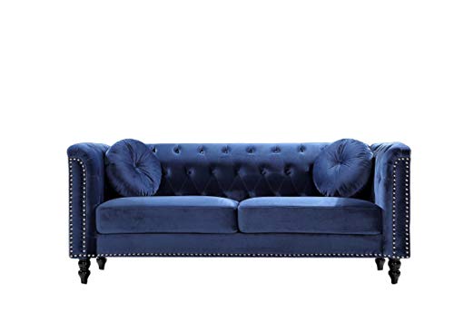 US Pride Furniture Modern Style High Density Foam 75.98'' Wide Dark Blue Velvet Rolled Arm Chesterfield Living Room Removable Cushion & Solid Wood Legs (S5608-5613) Sofas
