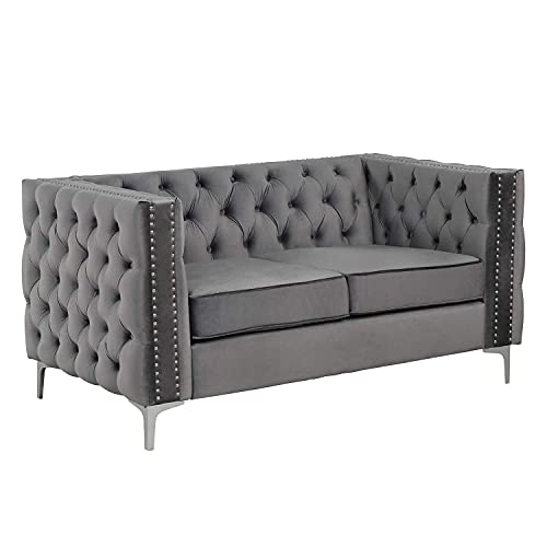 Morden Fort Modern Loveseat with Deep Dutch Velvet, Iron Legs-Velvet Grey.
