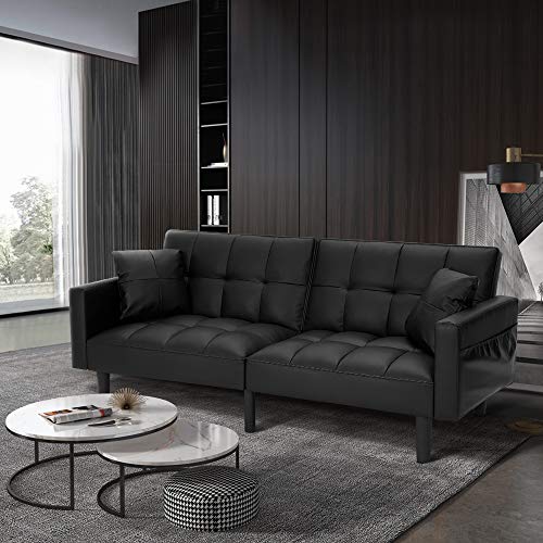 HOMHUM Convertible Sleeper Sofa Bed Modern Linen Fabric Couch Bed Futon Sofa Bed with 2 Pillows for Living Room, Apartment, Guest Room, Luxury Black