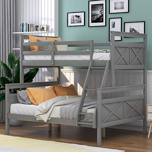 Twin Over Full Bunk Bed, Bunk Bed Twin Over Full Size with Ladder, Wood Bunk Bed Frame with Guardrails for Kids Boys Girls Teens Adults, Can be Convertible to 2 Beds, No Box Spring Needed, Grey