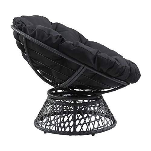 OSP Home Furnishings Wicker Papasan Chair with 360-Degree Swivel, Grey Frame with Black Cushion