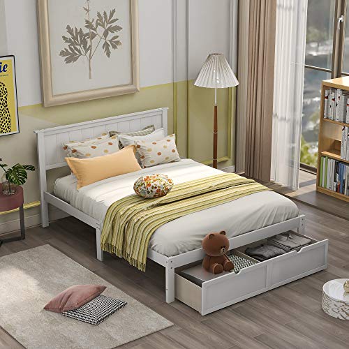 Full Size Platform Bed, Wood Platform Bed Frame with Storage Drawers, Wooden Full Size Platform Bed with Headboard for Kids Boys Girls Teens Adults, No Box Spring Needed, Easy Assembly, White
