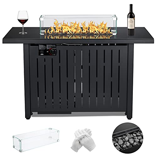 43 inch Rectangle Propane Fire Pit Table , Gas Fire Pit with Glass Wind Guard, Fire Pit Table with Lid Lava Stone 60000BTU ETL Certification for Garden Patio with Gift Gloves.