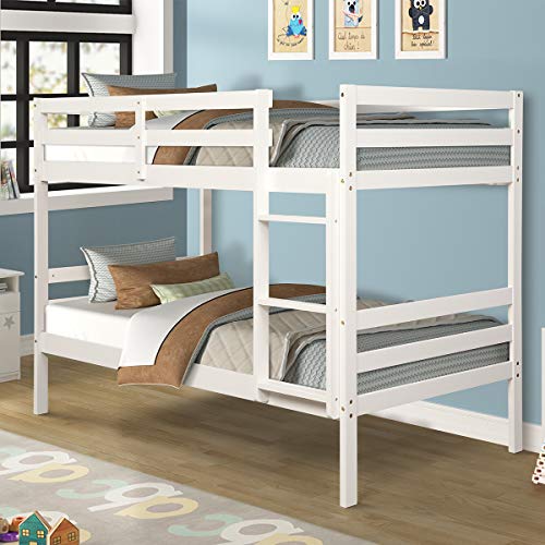 Costzon Twin Bunk Bed, Solid Hardwood Twin Over Twin Bed for Kids with Ladder and Safety Rail, Children Wooden Bunk Beds for Bedroom, Dorm, Flat w/ Slats, Bedroom Furniture (White)