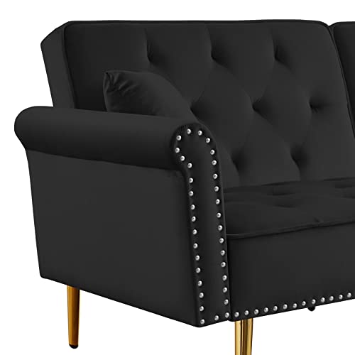 Modern Sofa Bed Couch,Living Room Furniture Sofa Ottoman Set with 3 Levels Adjustable Back and Nailhead Trim,Tufted Velvet Reversible Sectional Couchs with Gold Metal Legs (Black)
