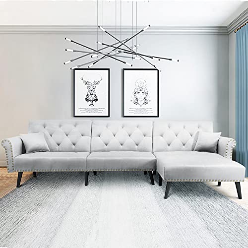 Sofa Bed, Velvet Sectional Couch Convertible 115 L-Shape Sofa Bed Sleeper Reversible Chaise with 2 Pillows Adjustable Back for Living Room and Small Space (Gray)